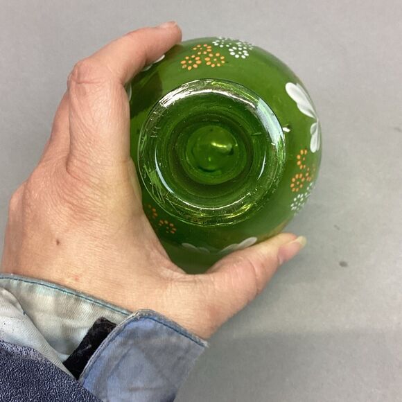 Green Glass Vase With Hand Painted Flowers - 6.75” - Picture 5 of 9